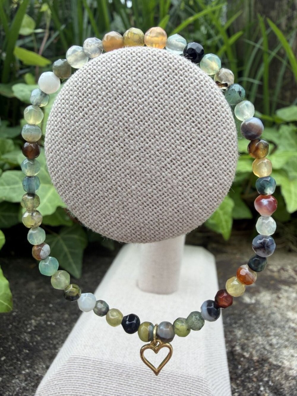 Gold Vermeil Heart Charm Bracelet Multi Stretch Earthy Agate Jasper 925 Boho
